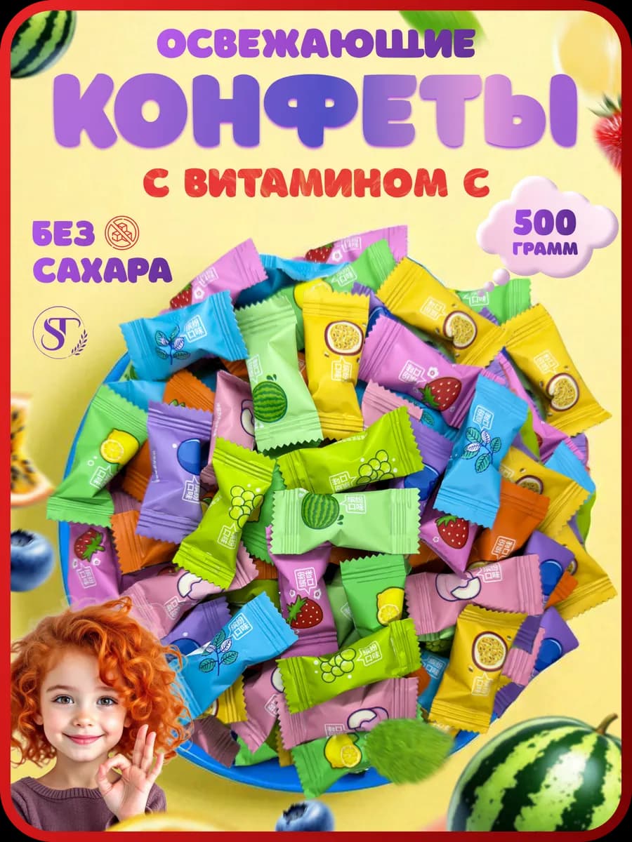 Конфеты без сахара освежающие леденцы с Витамином С 500 гр