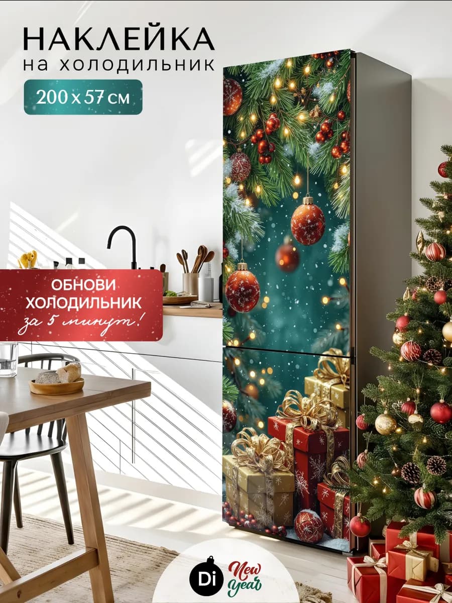 Наклейка на холодильник новогодняя для декора большая