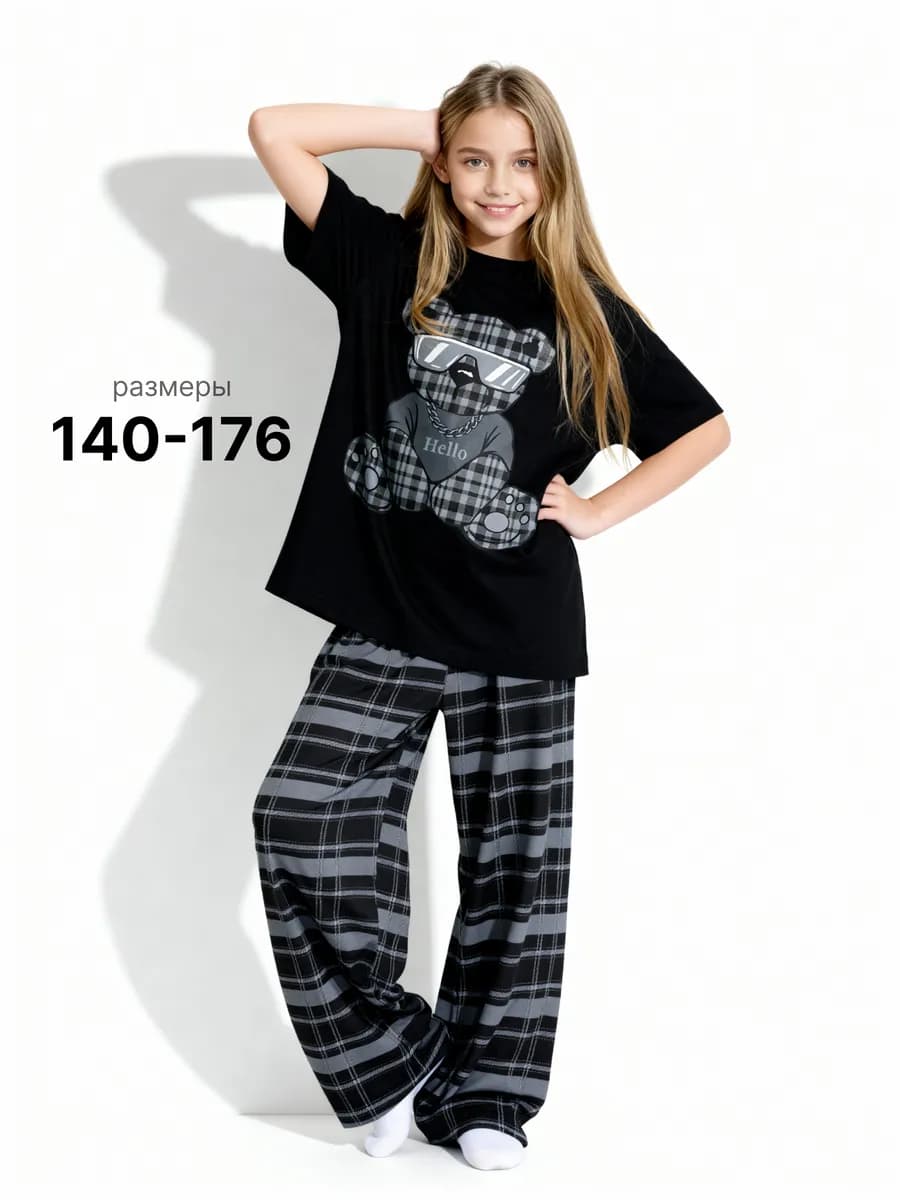 Пижама черная подростковая со штанами и футболкой костюм - фото 1