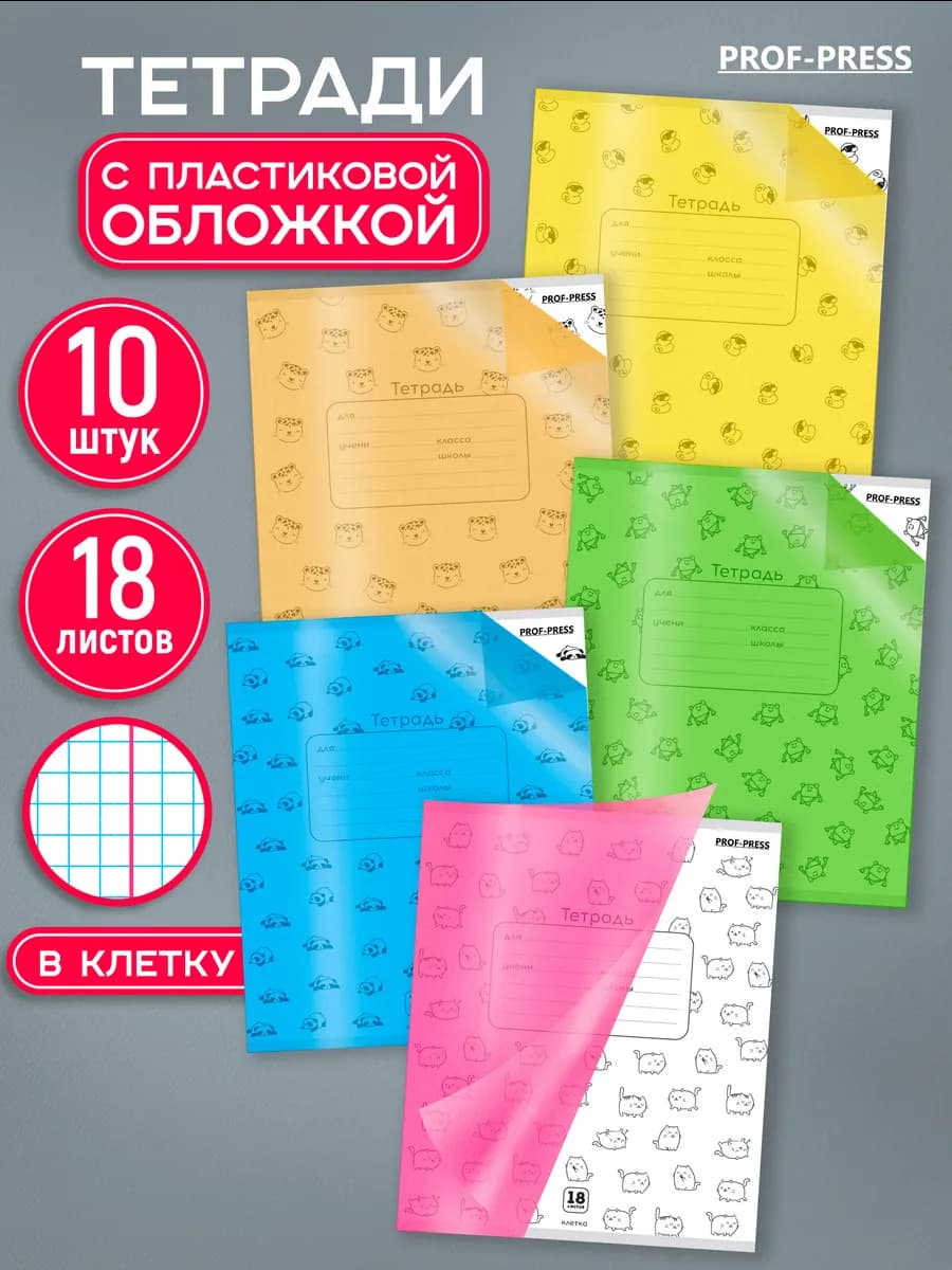 Тетрадь 18 листов в клетку 10 штук с пластиковой обложкой