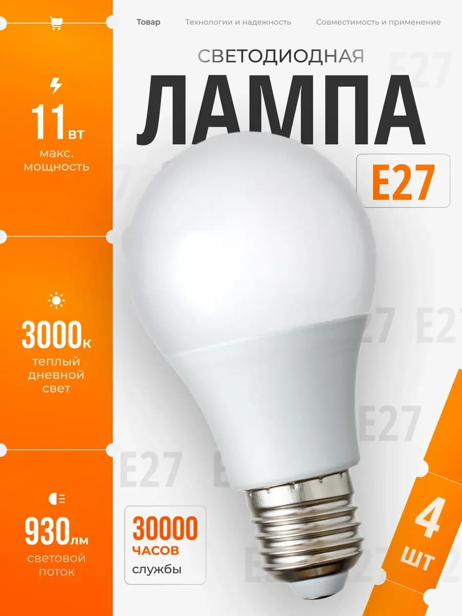 Светодиодные лампочки Е27 11 ВТ теплый свет 4 шт