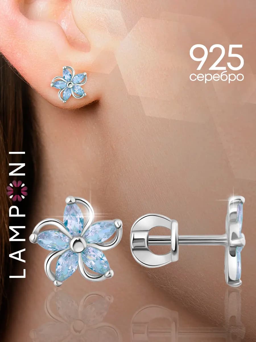 Серьги серебро 925 гвоздики цветы с топазом