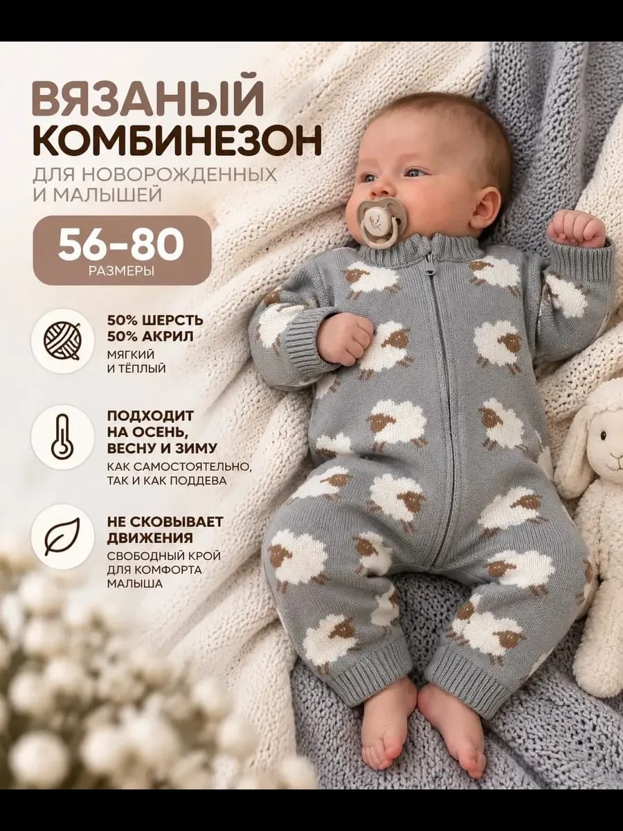 Вязаный комбинезон для новорожденных шерстяной
