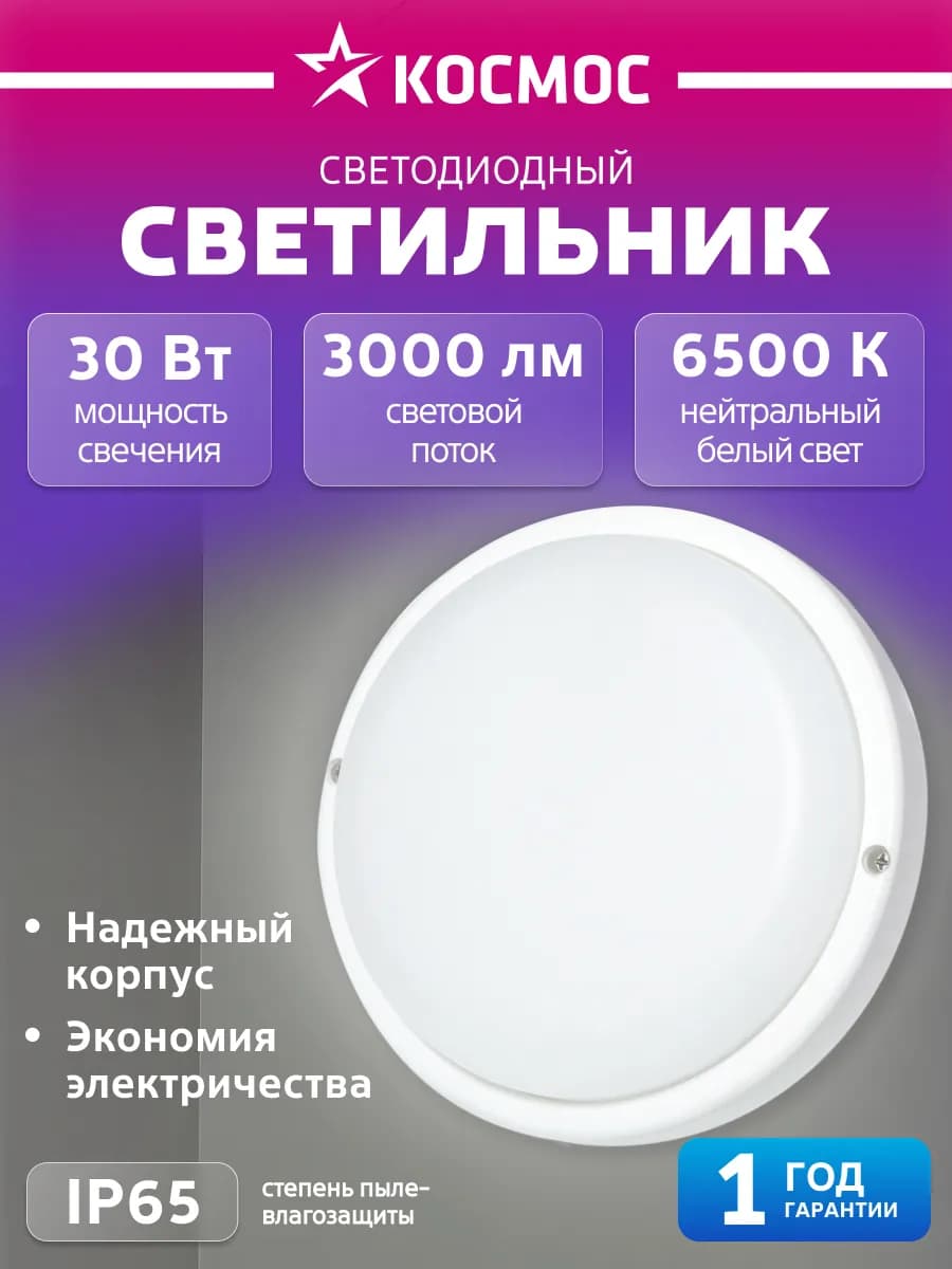 Светильник потолочный настенный 30Вт, 6500K, 230В