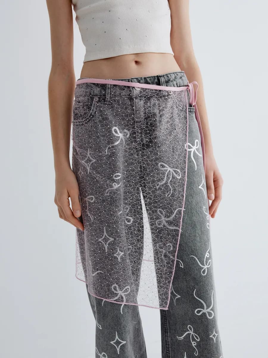 Юбка-пояс розовая кружевная со стразами