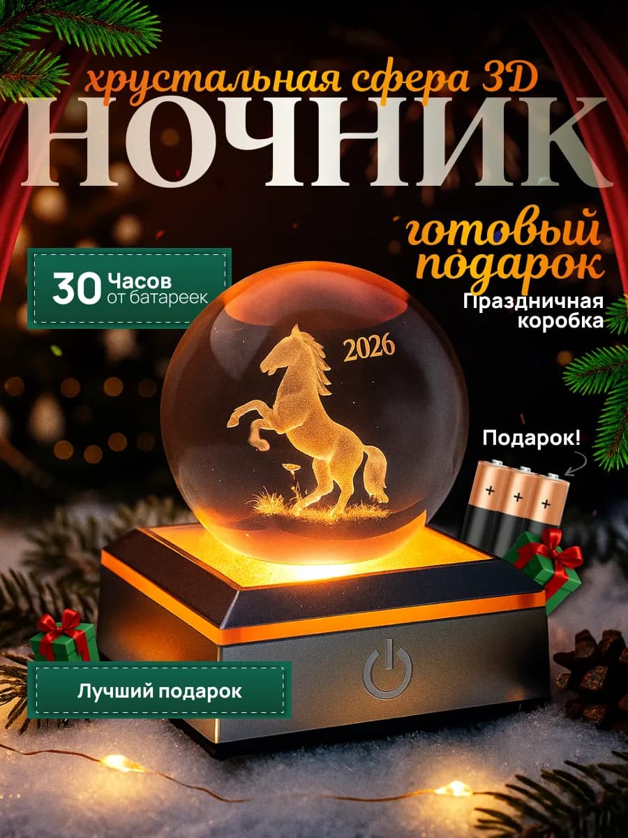 Ночник хрустальный шар лошадь символ года 2026 - фото 1