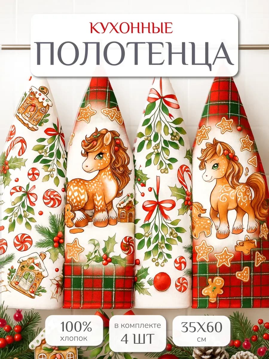 Полотенца кухонные в подарок 35х60см 4 шт хлопок Пони