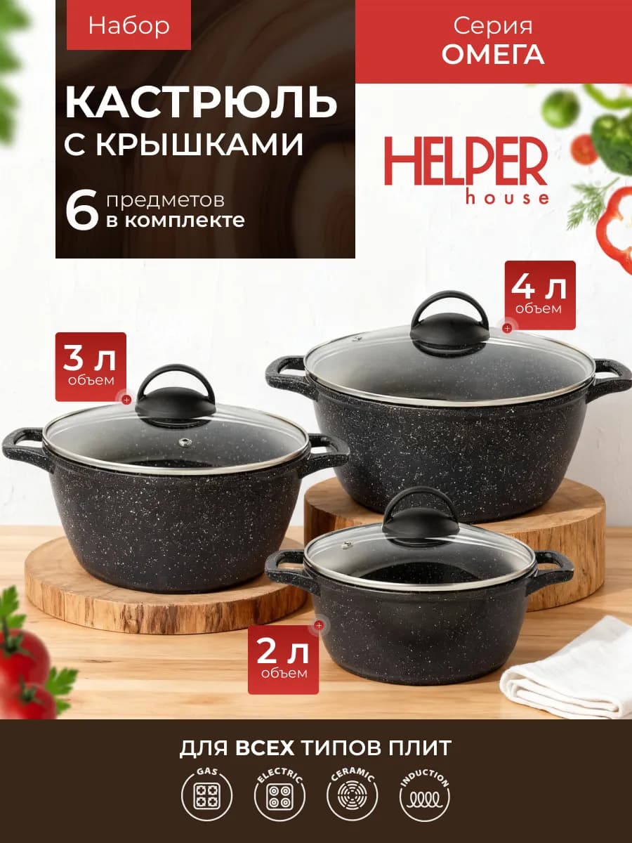 Набор кастрюль для индукционной плиты 4л, 3л, 2л Омега
