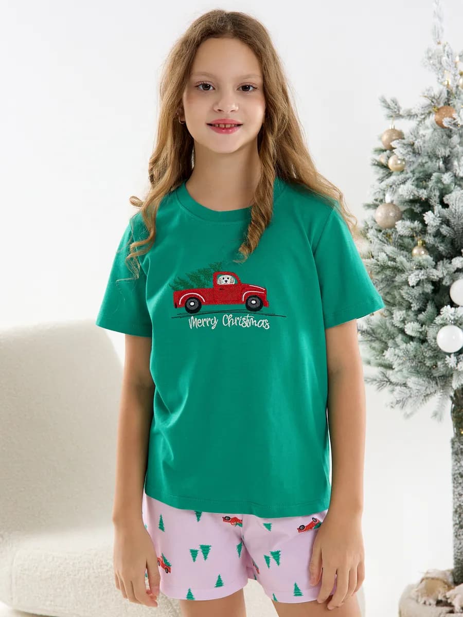 Пижама Новогодняя с шортами и футболкой вышивкой