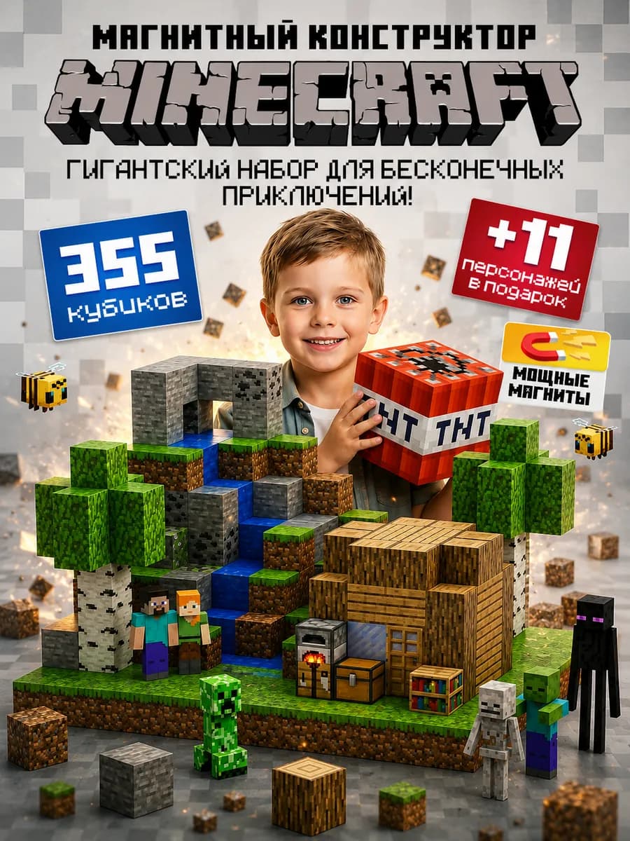 Магнитный конструктор Minecraft Деревня 355 блока