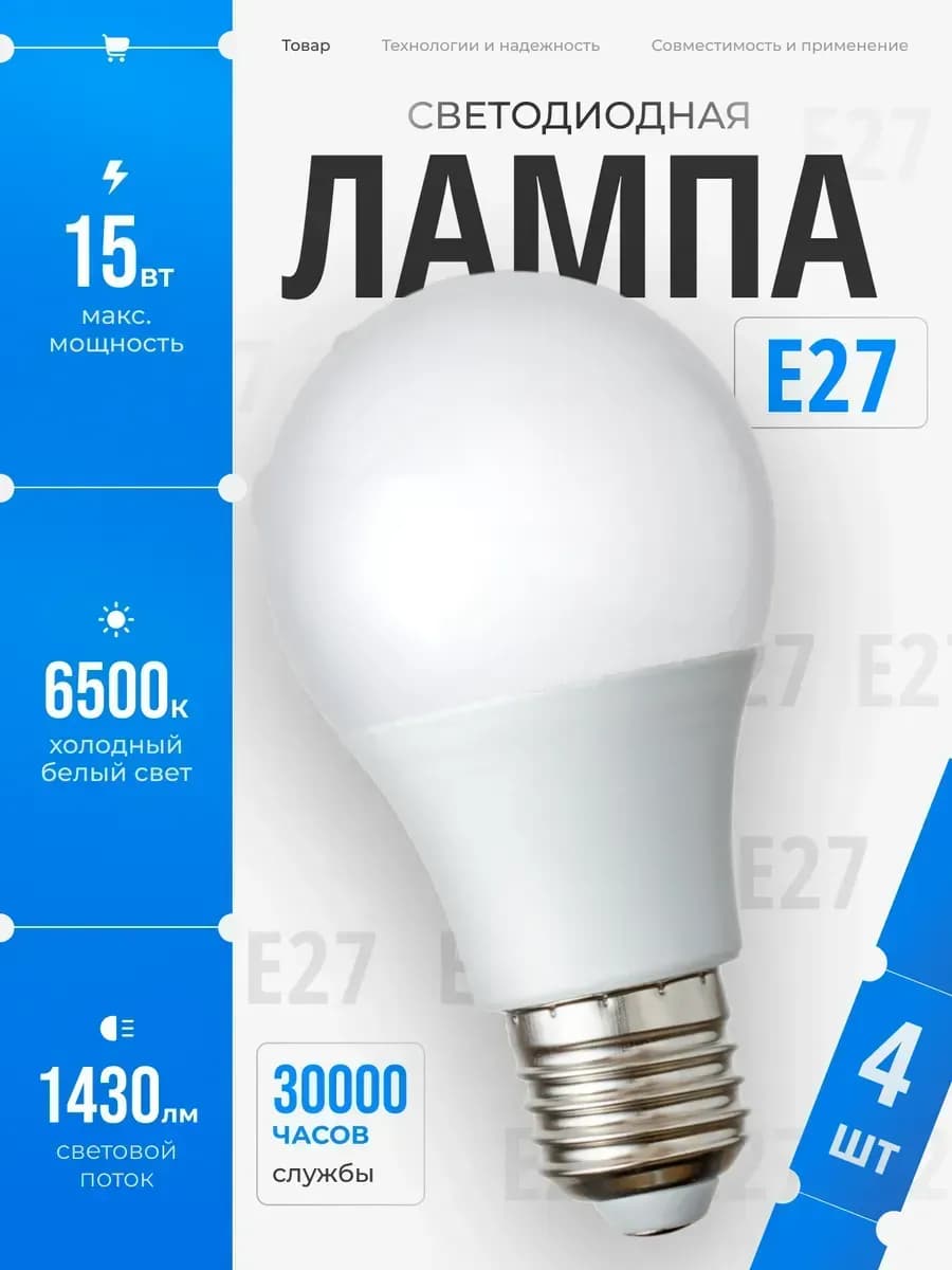 Светодиодные лампочки Е27 15 ВТ холодный свет 4 шт