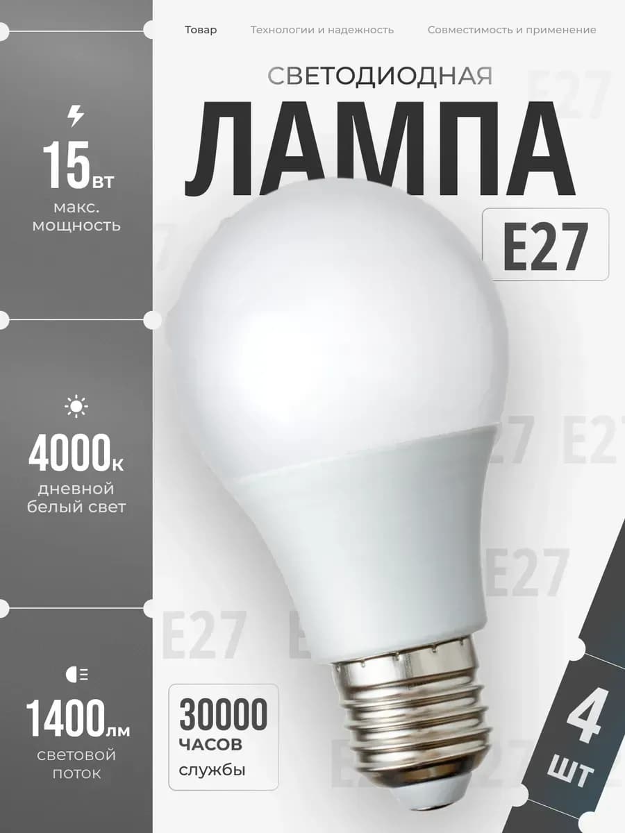 Светодиодные лампочки Е27 15 ВТ дневной свет 4 шт