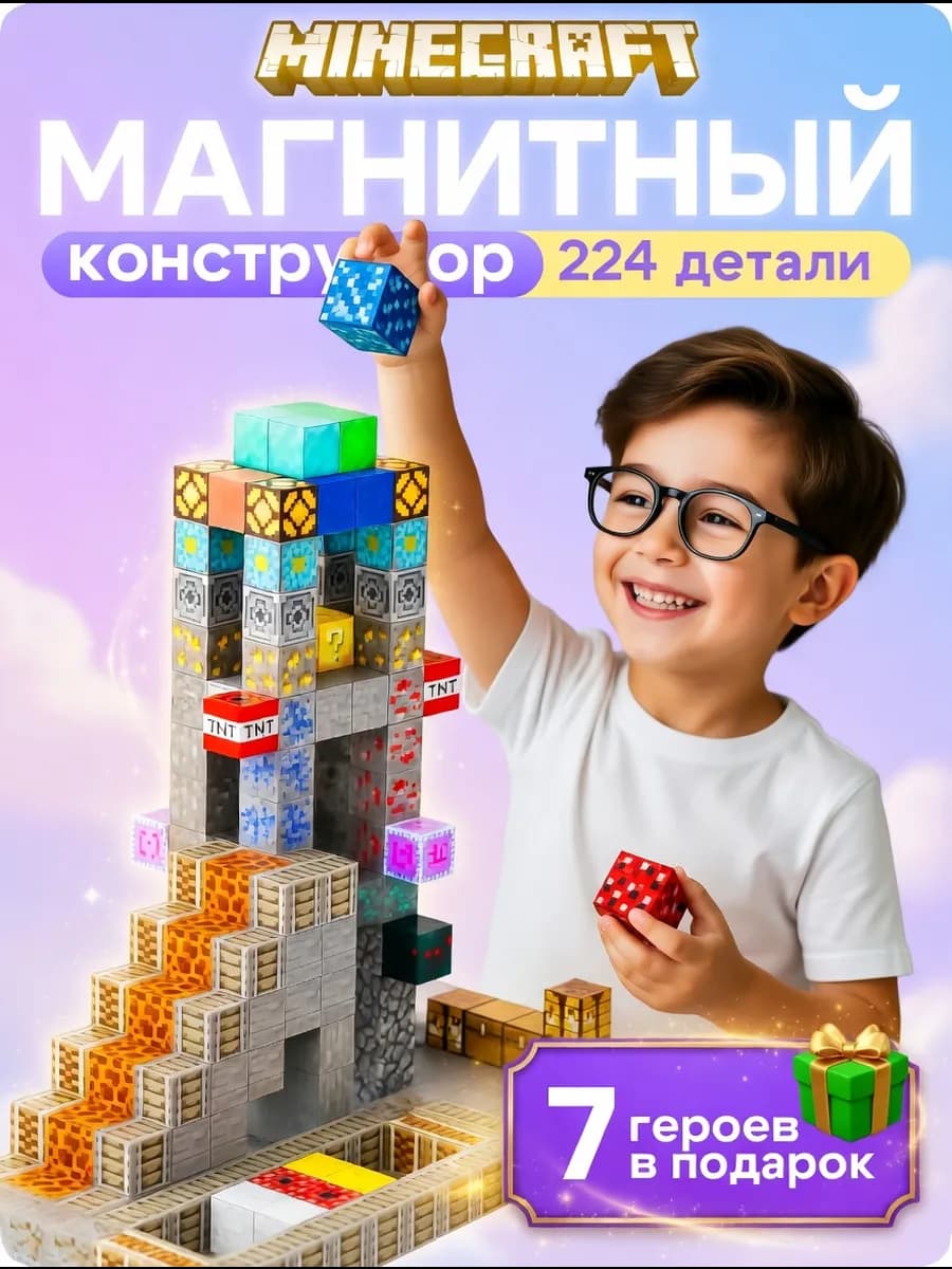 Магнитный конструктор Minecraft кубики 224 блока