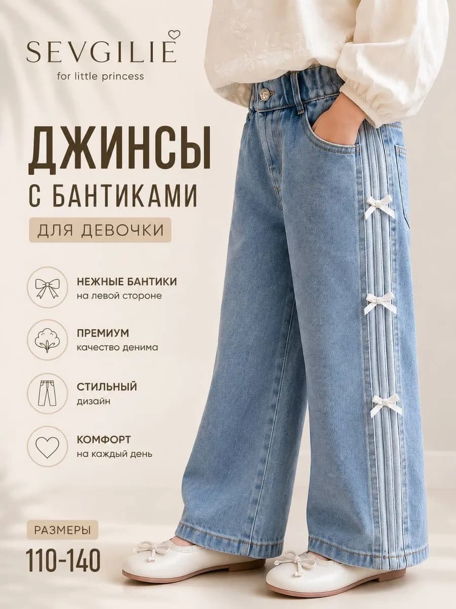 Джинсы с бантиками на резинке широкие