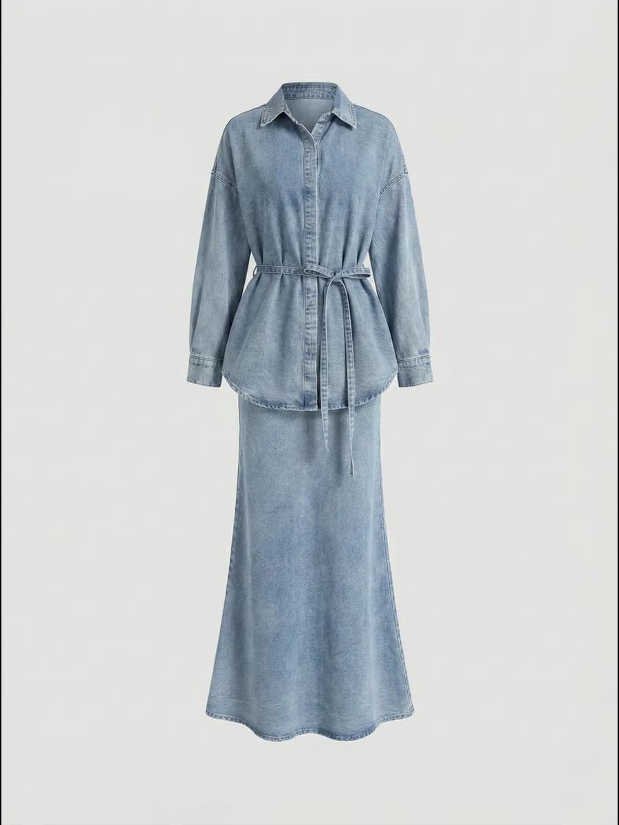 Костюм джинсовый с юбкой макси Летний комплект оверсайз - фото 1