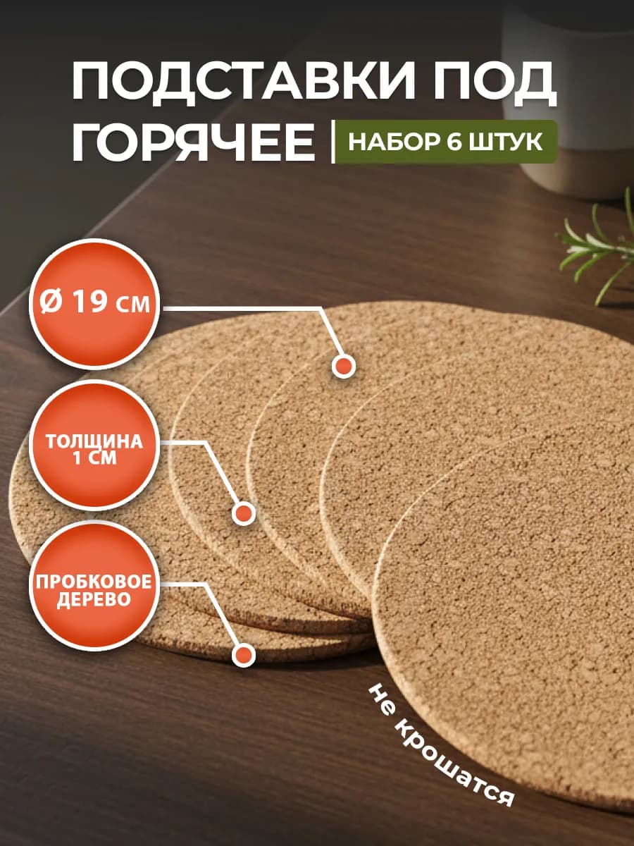 Подставка под горячее дерево пробка 6 шт