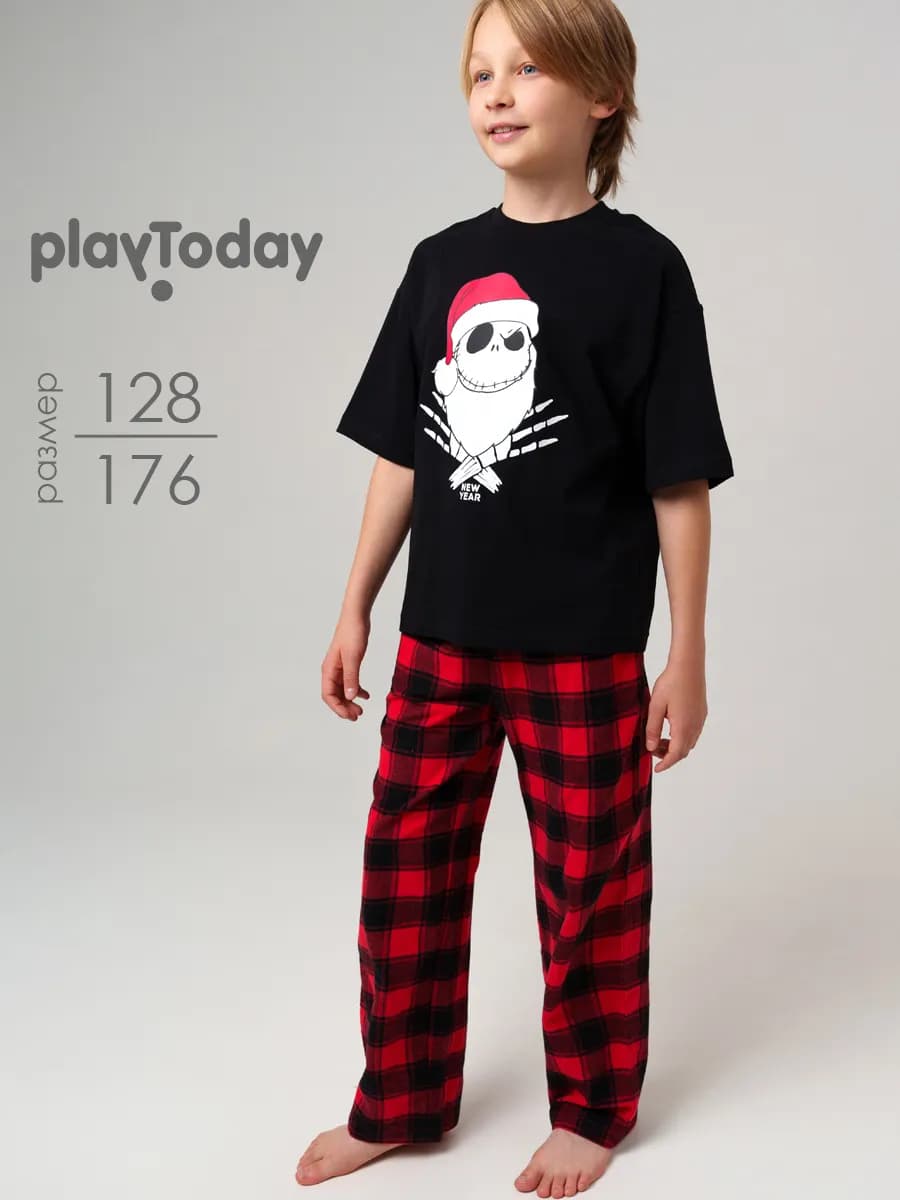 Пижама новогодняя хлопковая с фланелевыми клетчатыми брюками