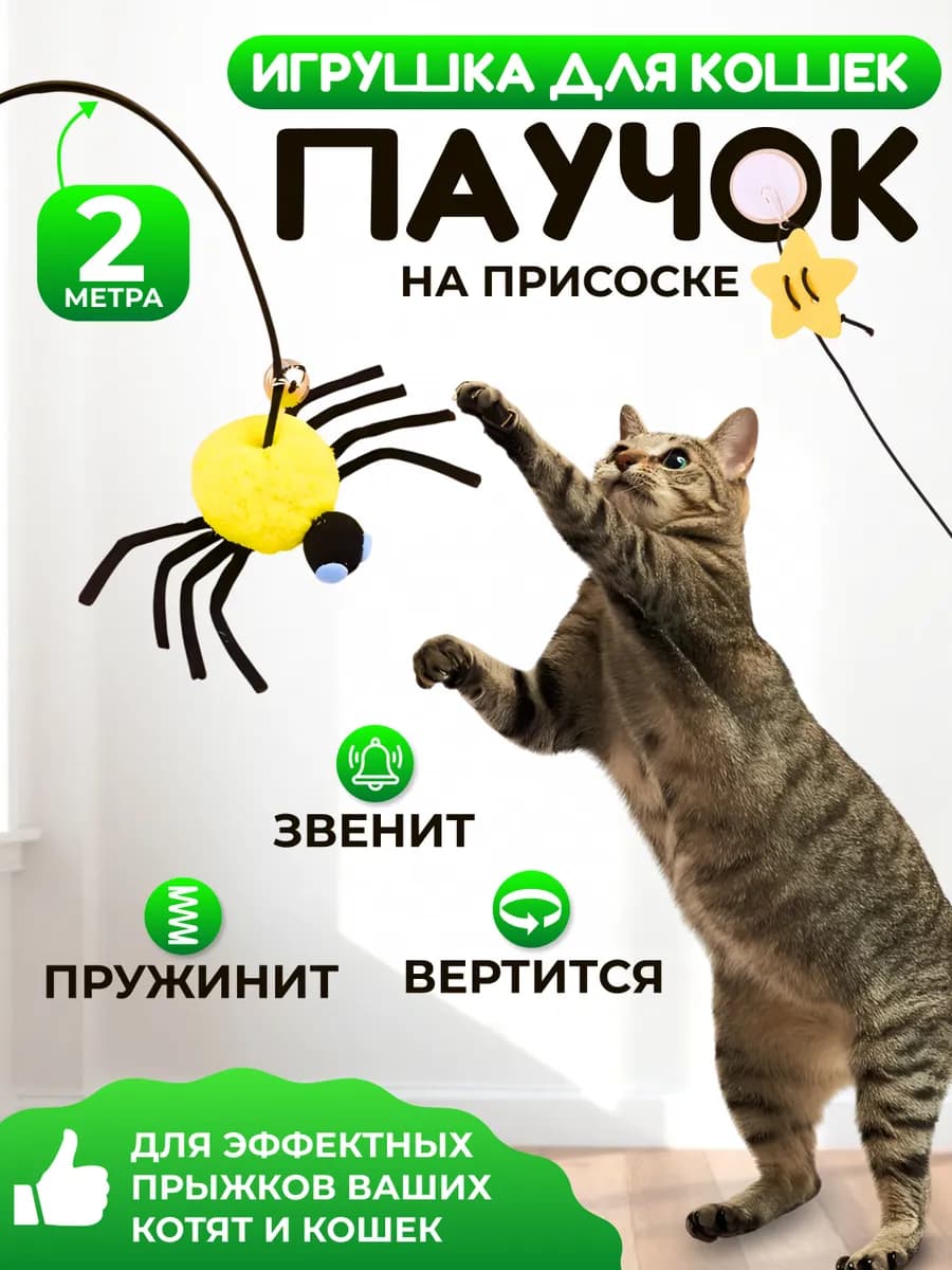 Игрушка для кошек Паук на резинке интерактивная дразнилка
