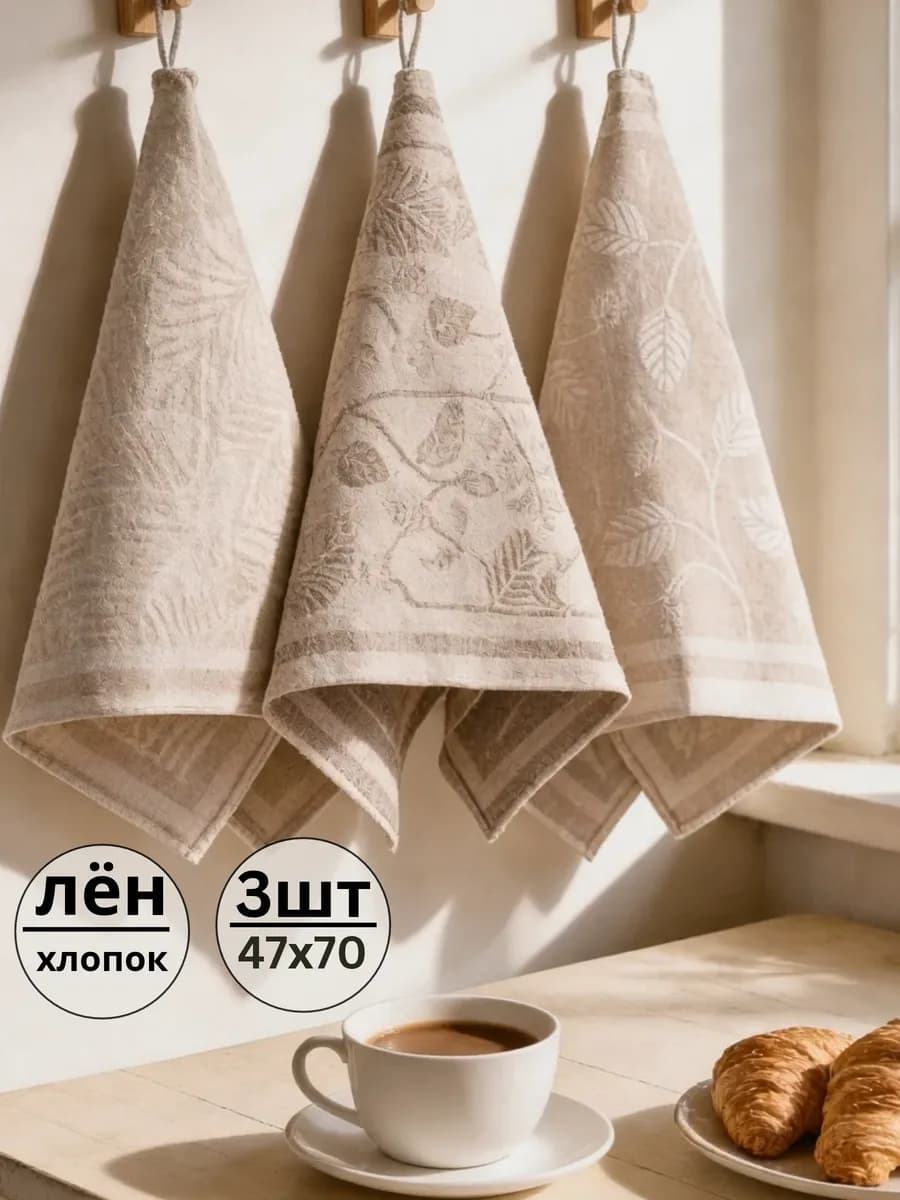 Набор кухонных полотенец с петелькой лен хлопок 3 шт