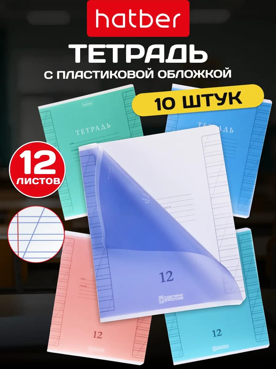 Тетрадь 12 л в косую линейку с пластиковой обложкой 10 шт