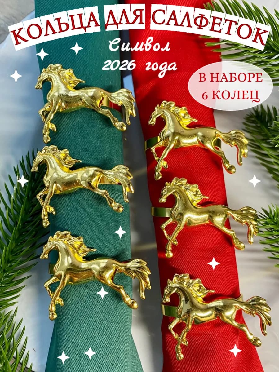Кольца для салфеток Лошади золото - 6 шт