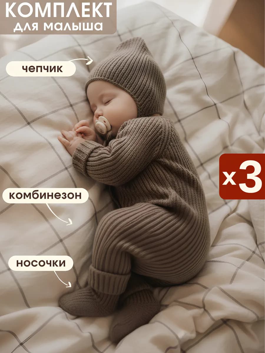 Вязаный комбинезон для новорожденных комплект на выписку