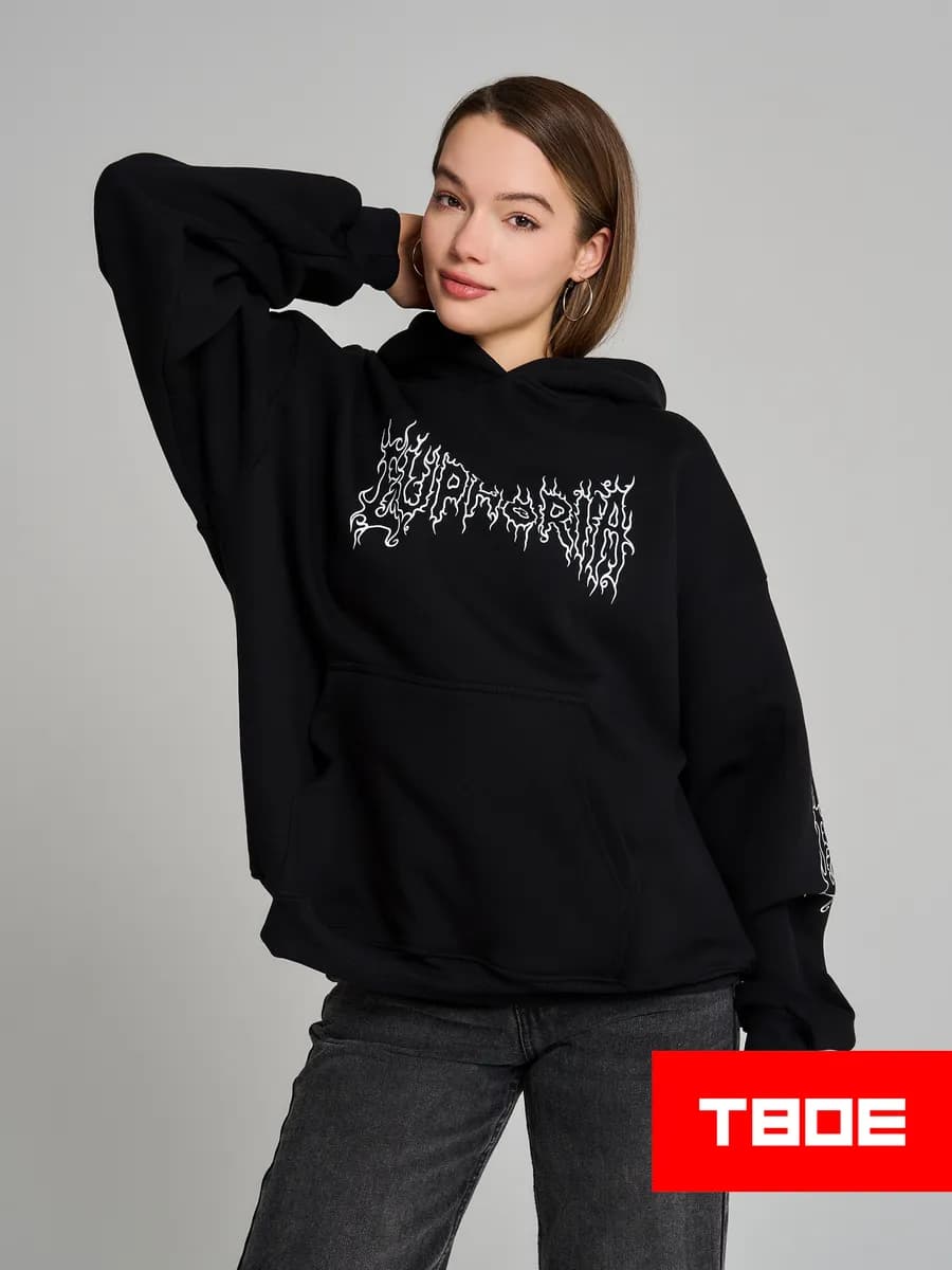 Теплое худи с принтом дрейн и начесом