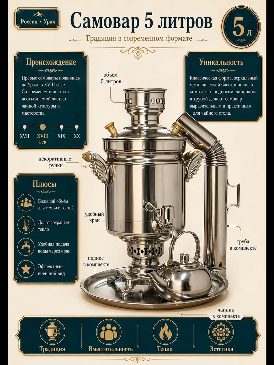 Самовар жаровой 5 л с подносом и заварником
