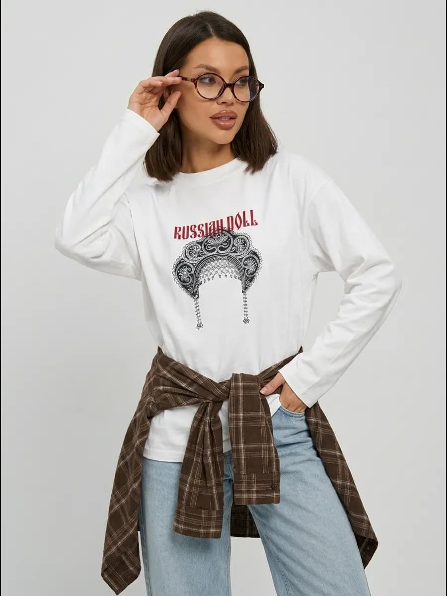 Лонгслив из хлопка однотонный оверсайз с принтом