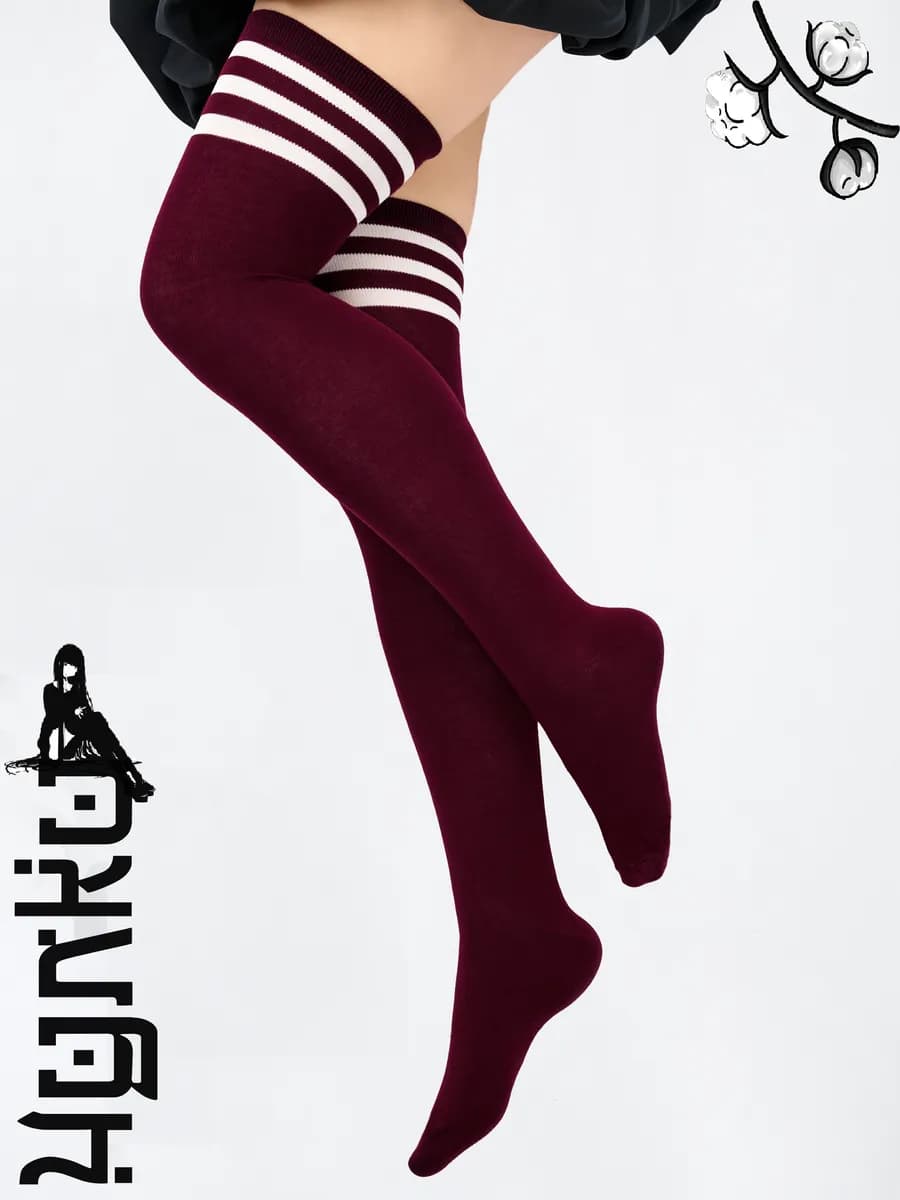 Чулки бордовые школьные аниме с полосками