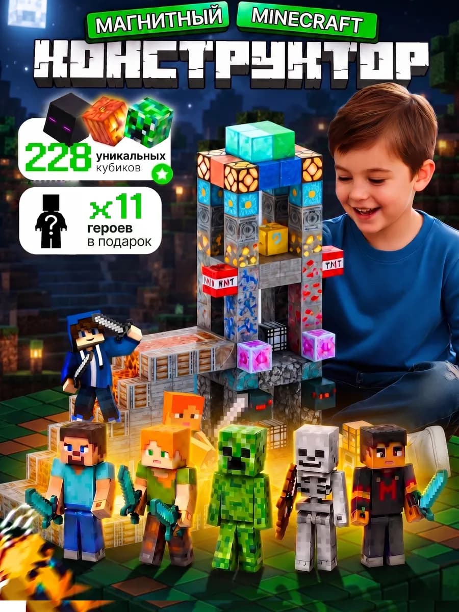 Магнитный конструктор minecraft кубики блоки 228 шт пещера