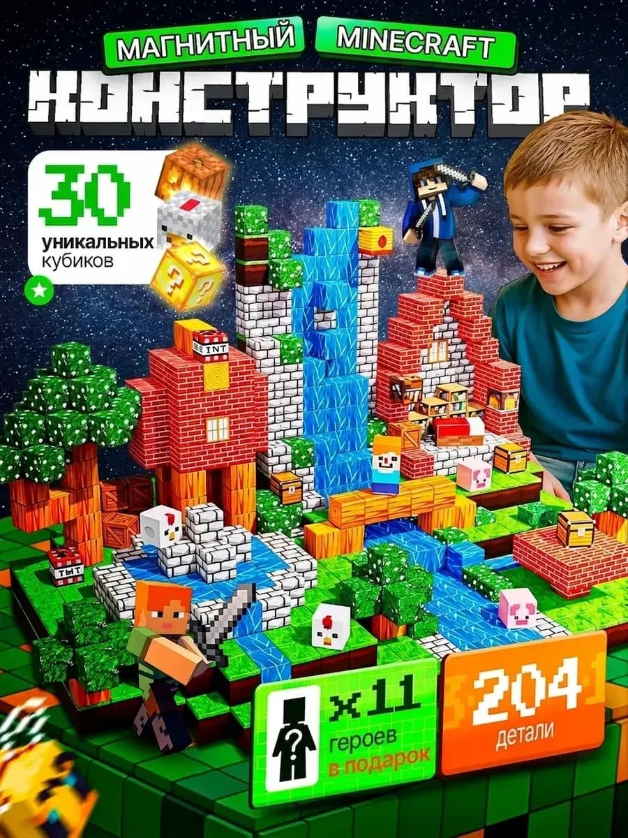 Магнитный конструктор minecraft кубики блоки 204 шт