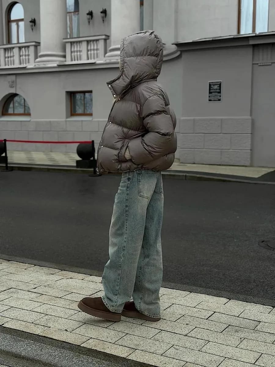 Куртка бомбер зимняя короткая с капюшоном оверсайз