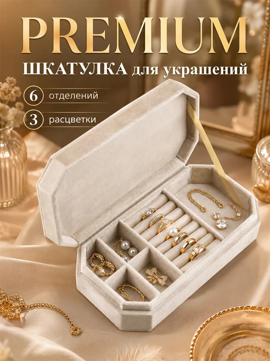 Шкатулка для украшений бархатная цвета шампанского