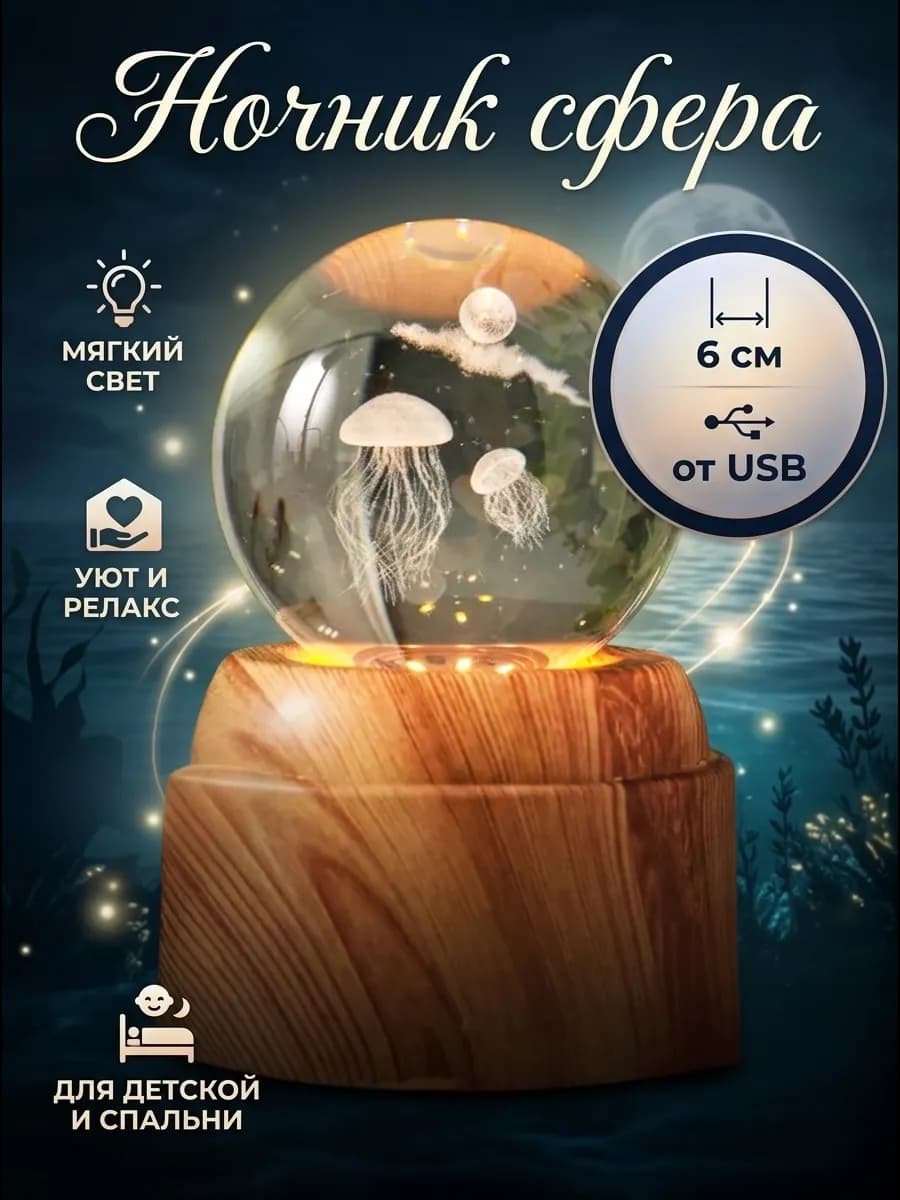 Ночник настольный сфера 3D Медуза от USB