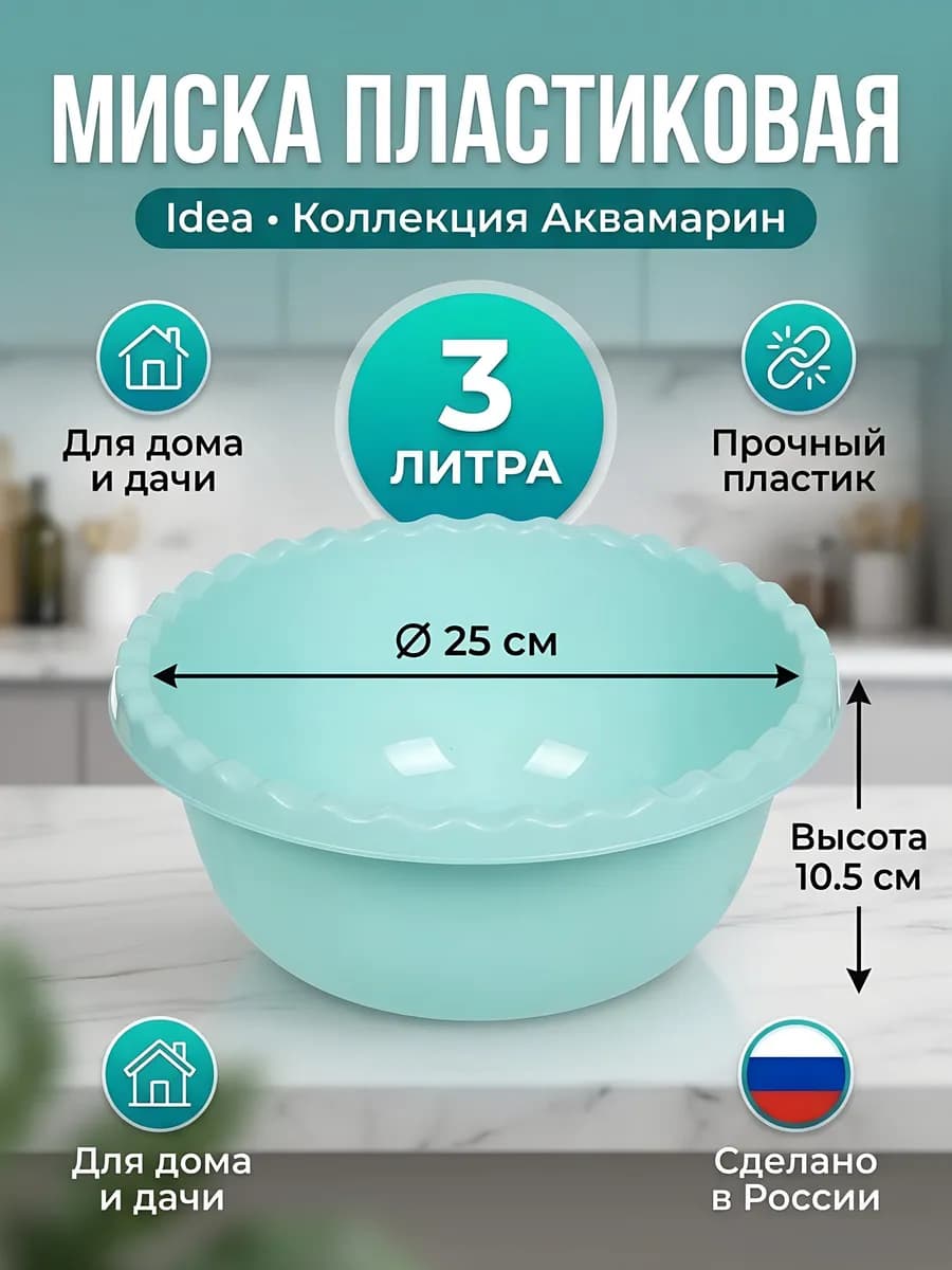 Миска пластиковая круглая 3 л 25 см цвет аквамарин