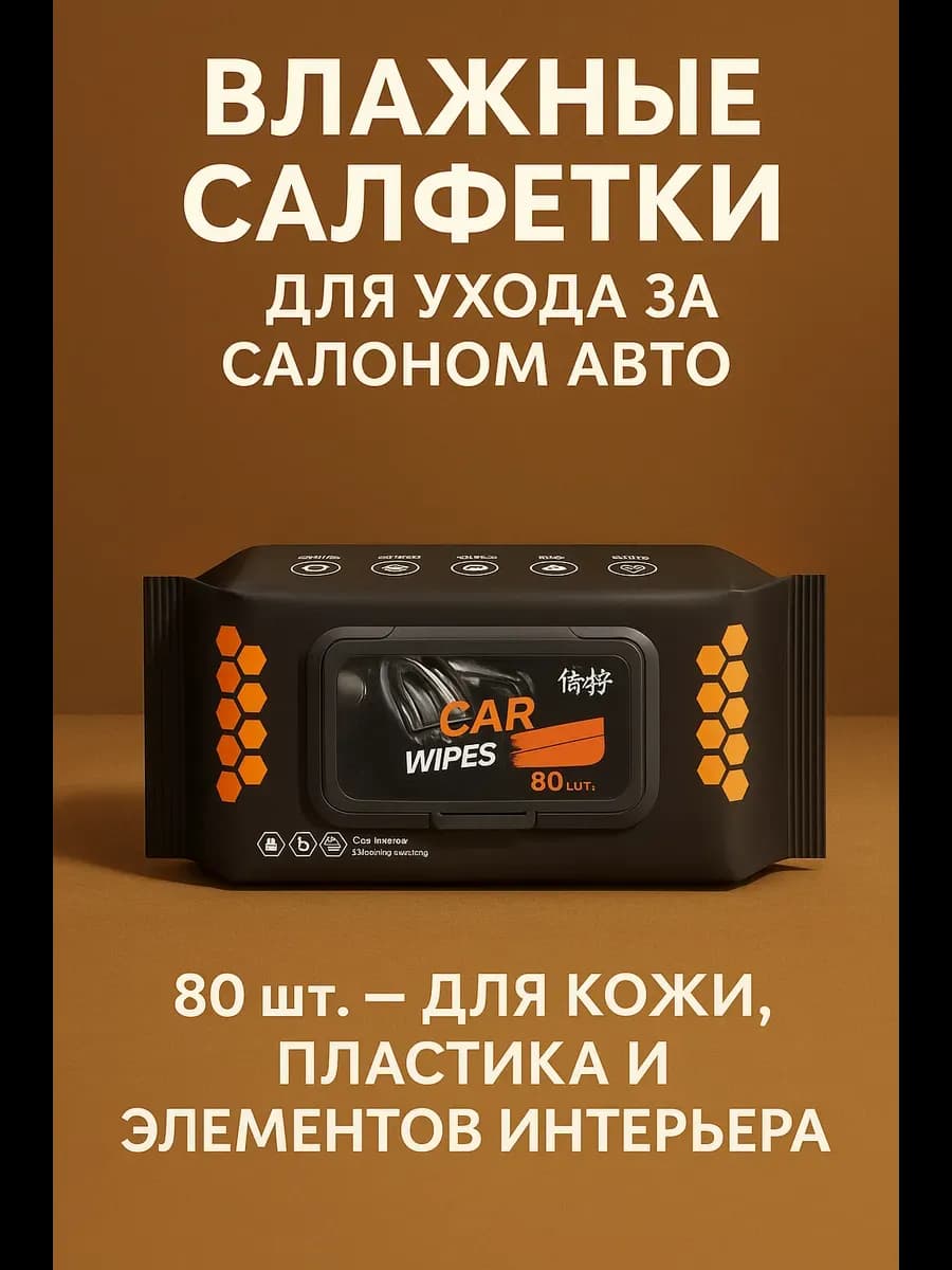 Влажные салфетки для ухода за салоном авто, 80 шт