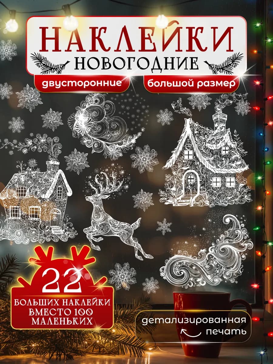 Новогодние наклейки на окна двусторонние Домики