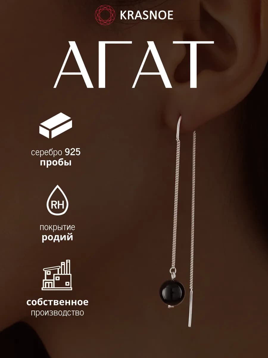 Серьги серебро 925 протяжки агат