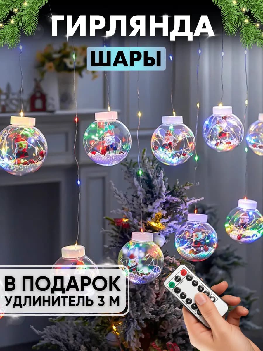 Гирлянда штора на окно новогодняя шары с пультом