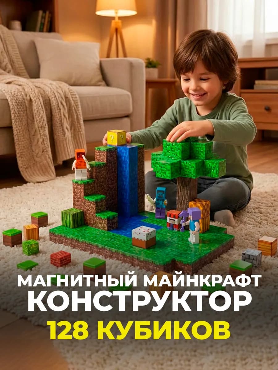 Магнитный конструктор Майнкрафт Водопад 128 кубика