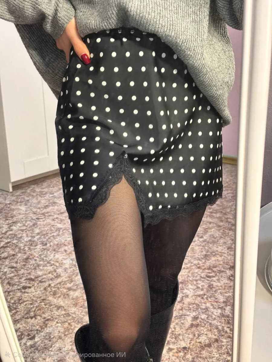 Юбка мини короткая атласная с кружевом и разрезом - фото 1