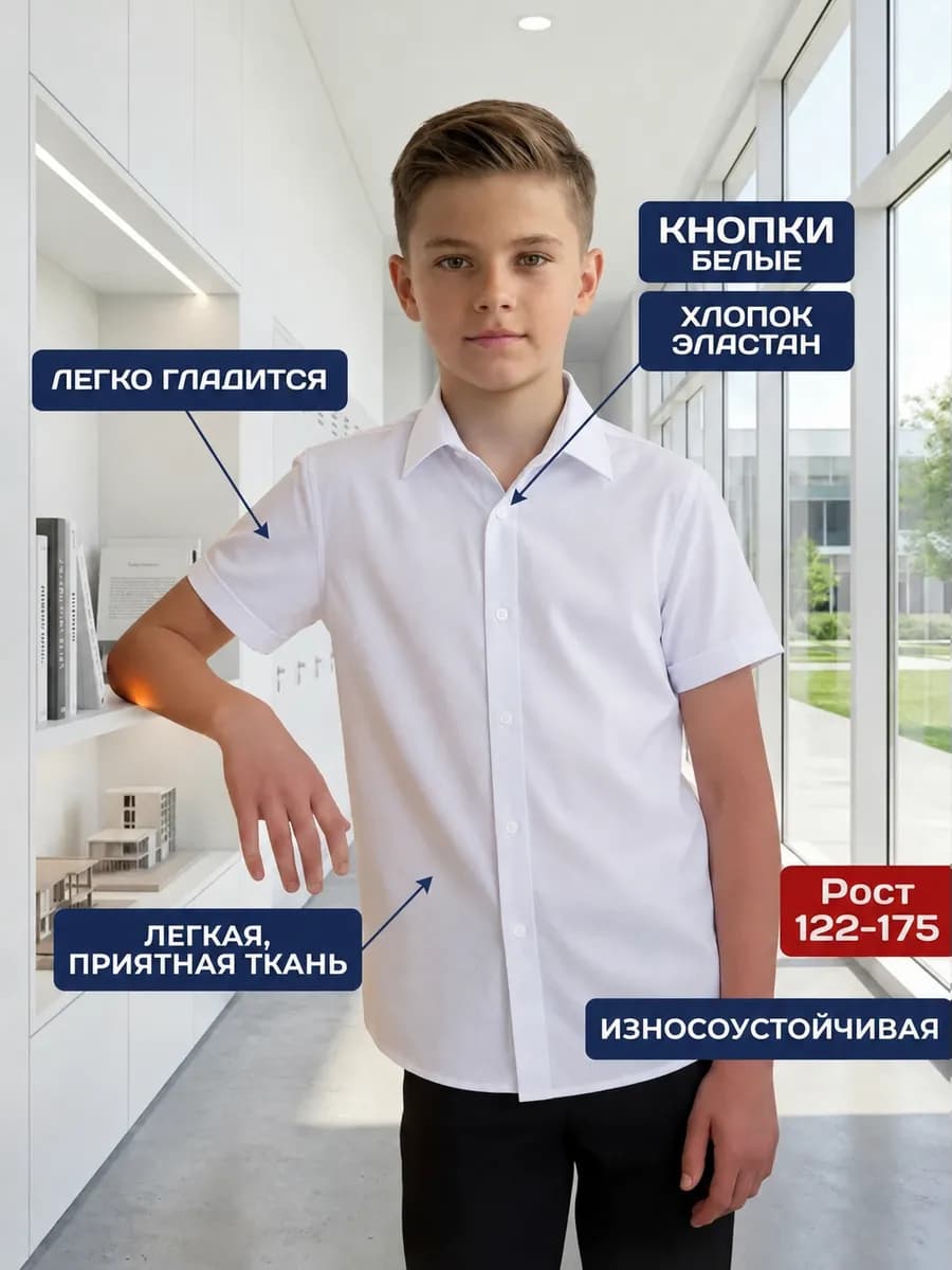 Рубашка школьная на кнопках с коротким рукавом