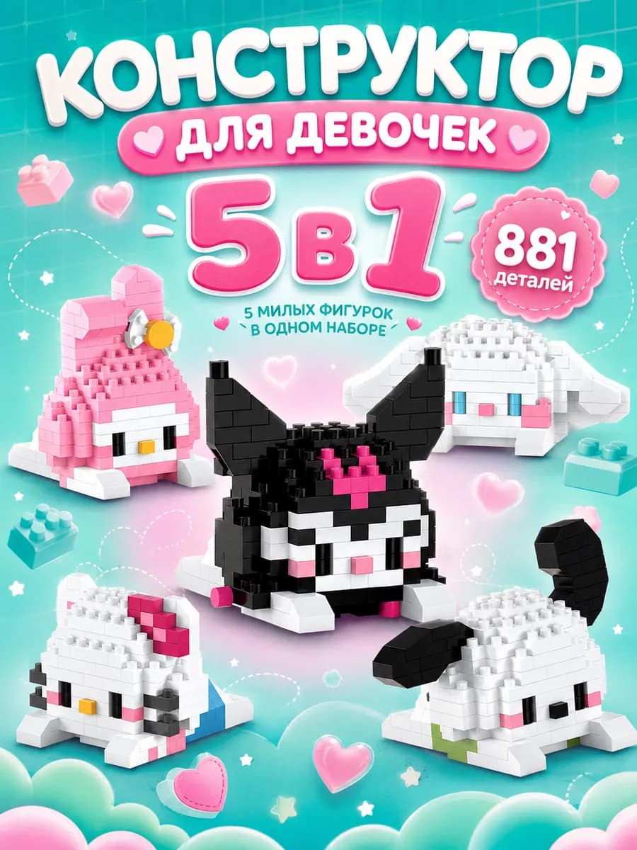 Конструктор для девочек Hello Kitty, 881 деталь, подарок