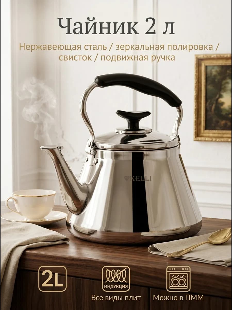 Чайник для плиты из нержавеющей стали 2л (свисток в крышке)