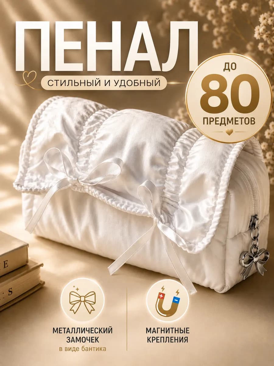 Пенал школьный белый с бантиком для девочек косметичка