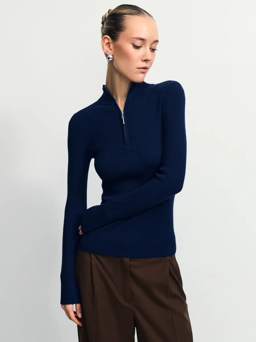 Джемпер тонкий в рубчик с молнией с длинным рукавом