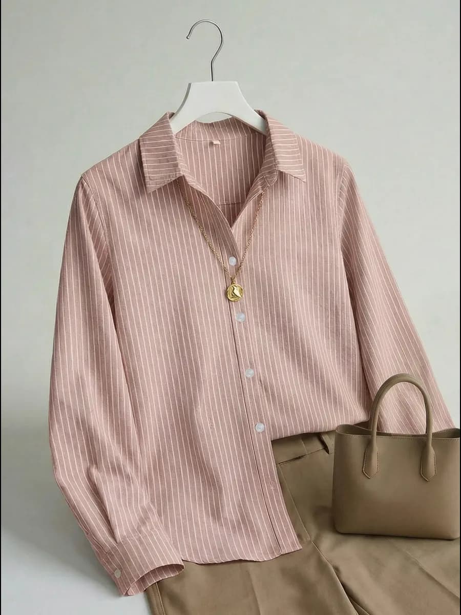 Коричневая рубашка в полоску нарядная вечерняя хлопковая - фото 1