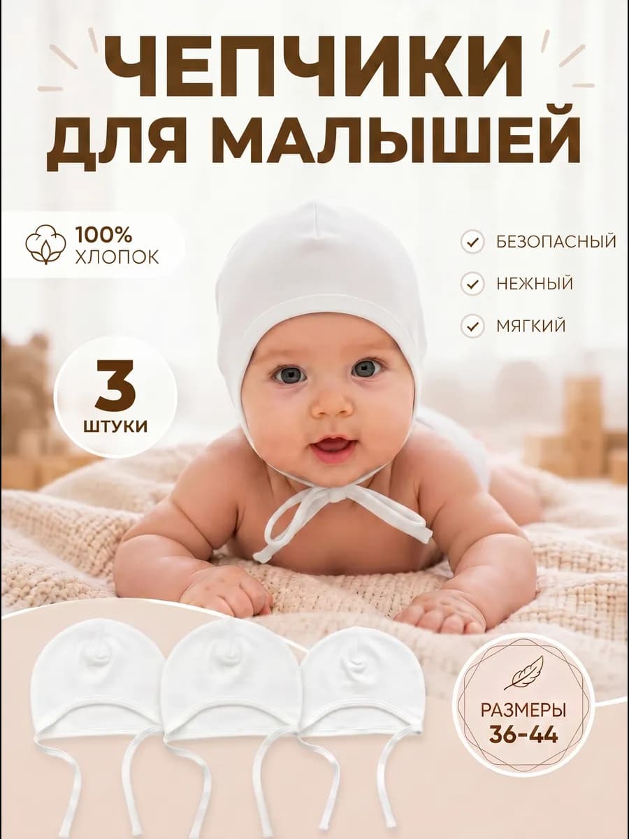 Чепчики для новорожденных шапочки с завязками 3 штуки