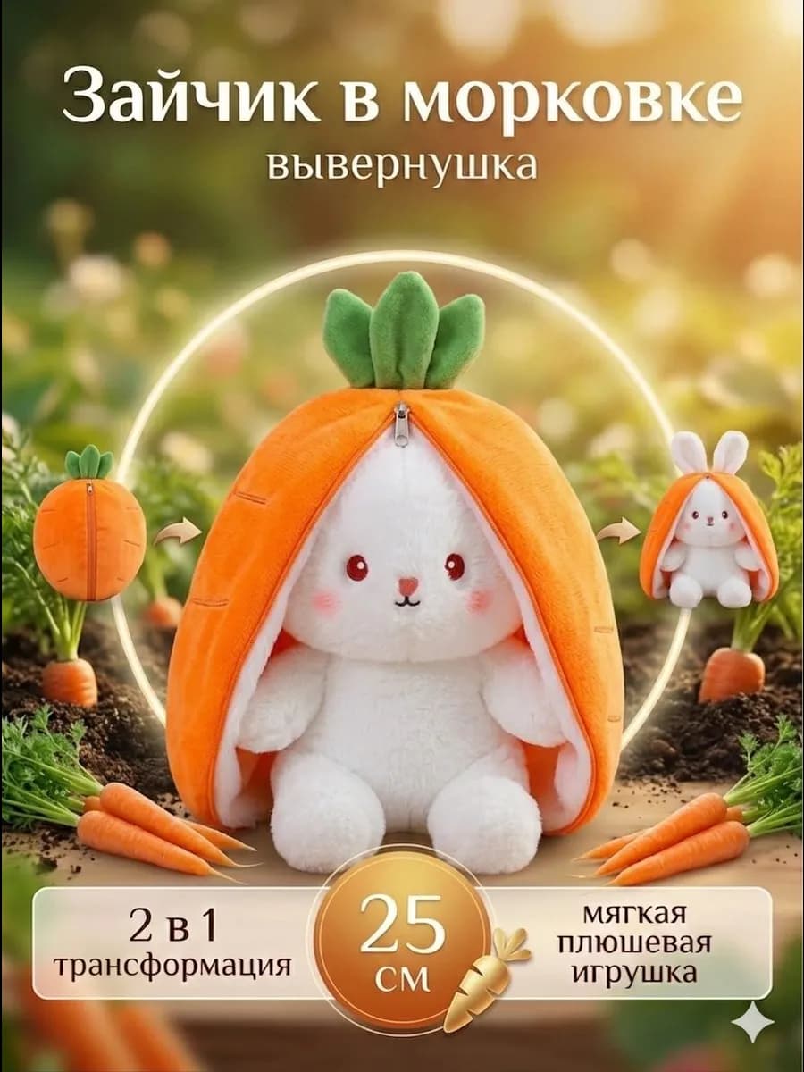 Зайчик в морковке трансформер плюшевая игрушка